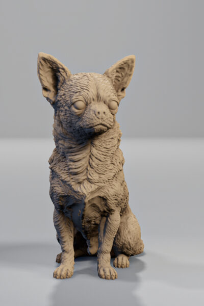 figurka chihuahua z druku 3D, widok z przodu